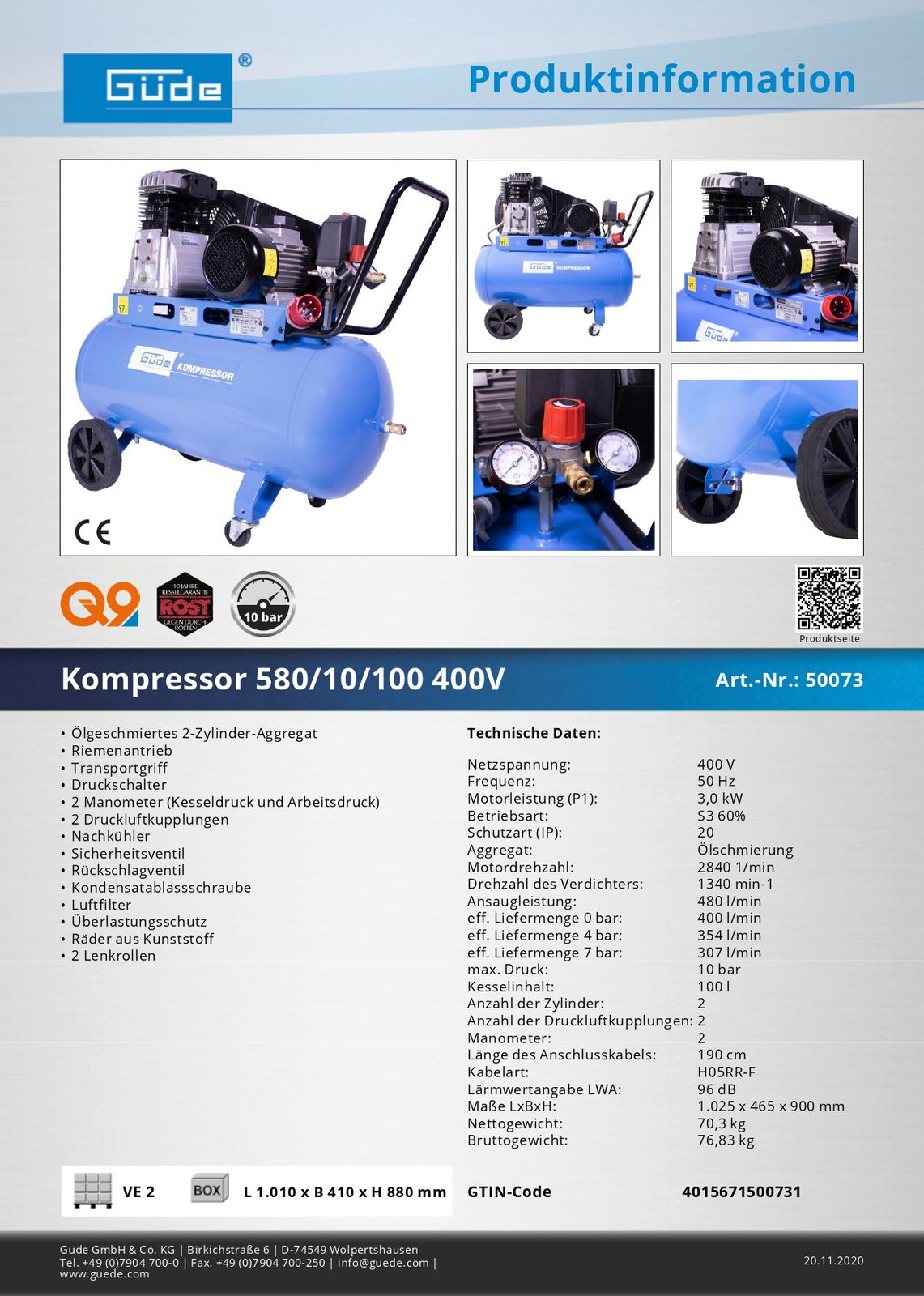 Güde Compressore d'aria compressa 580/10/100 EU 400 V
