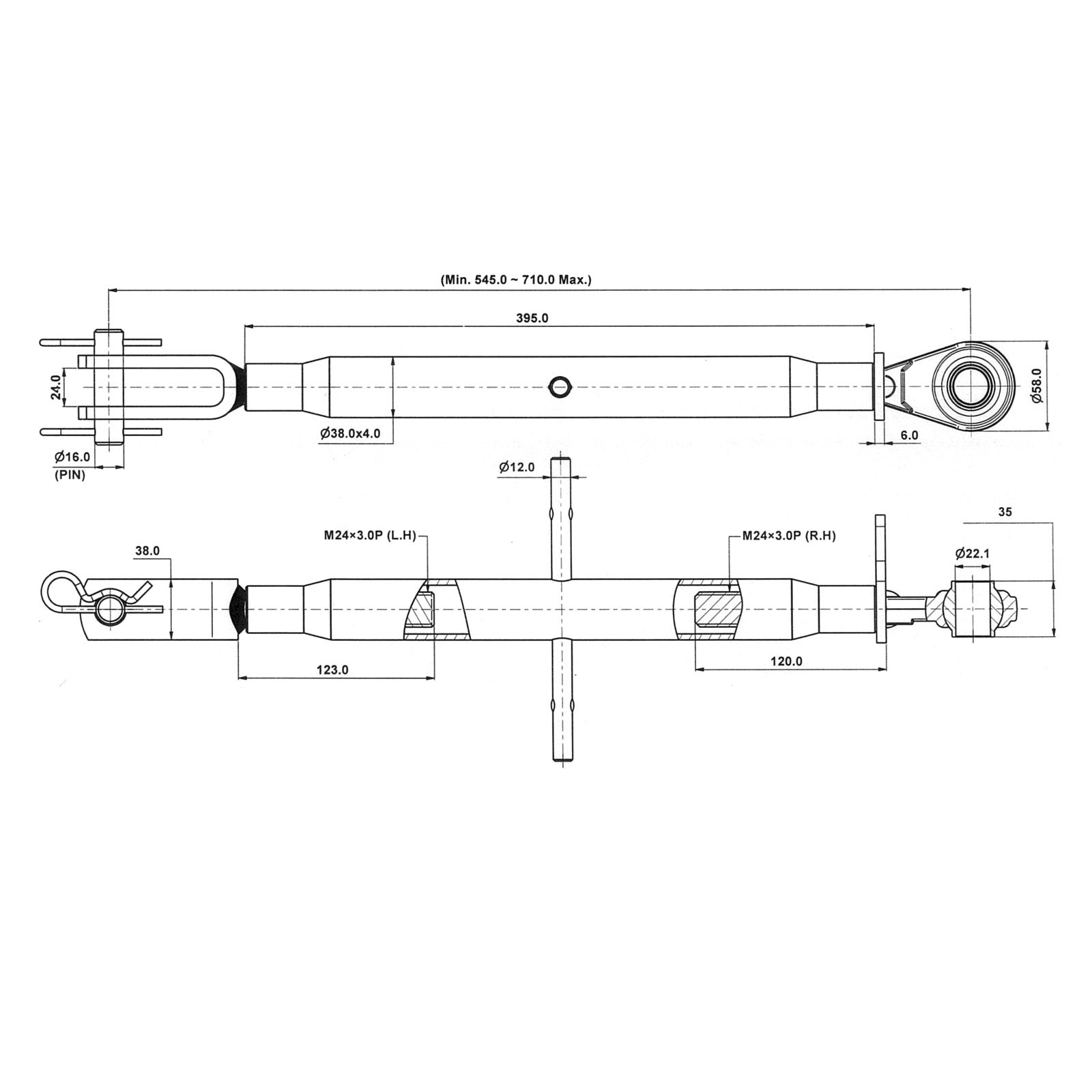 Unterlenker Stabilisator M24x3 545-710 mm verzinkt 