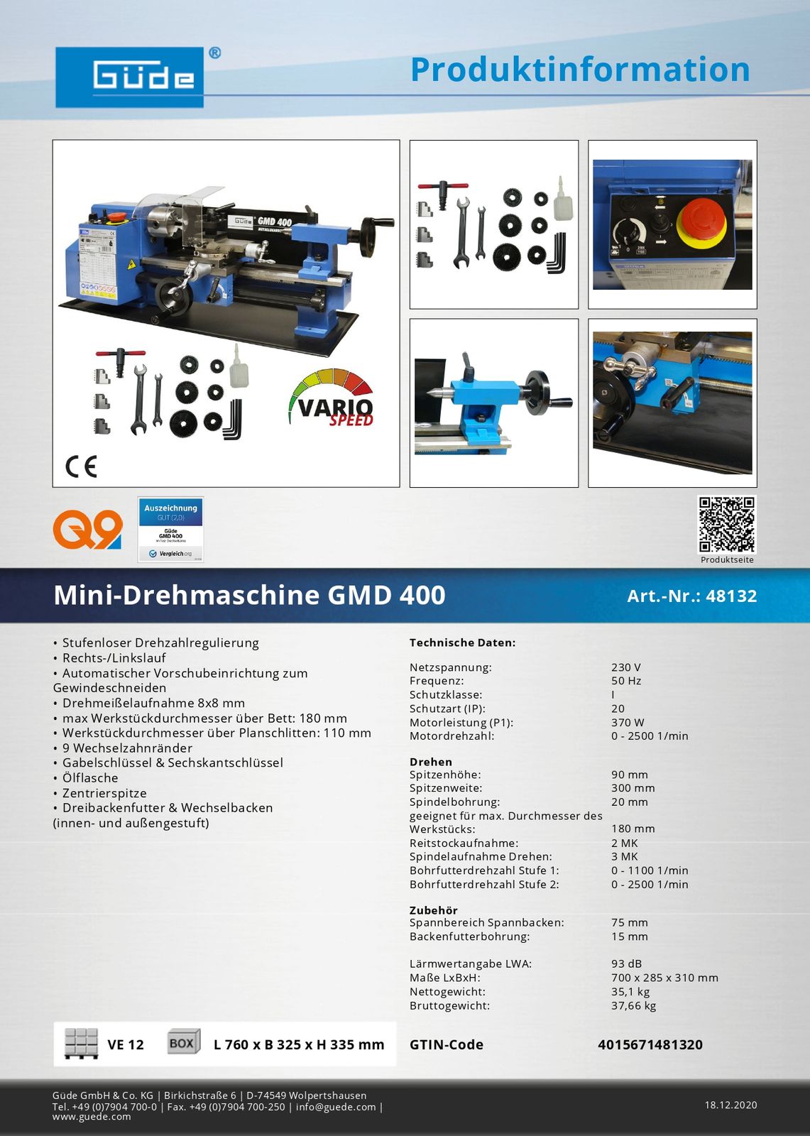 Güde Mini Drehmaschine Drehbank max 90mm x 300mm 370W